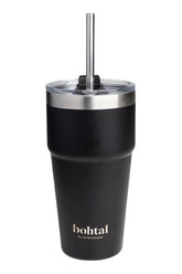 Bohtal double insulated travel mug with reusable straw, ideal for hot and cold drinks, sleek black design.